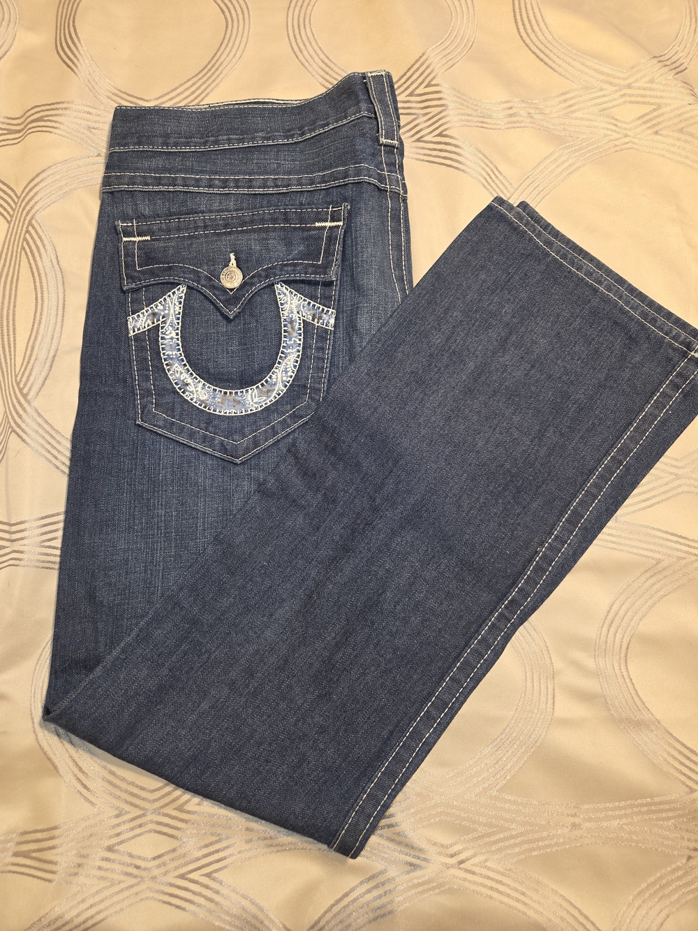 True Religion Men's Dark Blue Straight Leg Jeans w Embroidered Back Pocket Sz 38